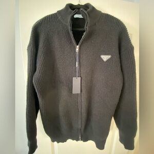 Prada Black Zip-Up Rib Knit Sweater